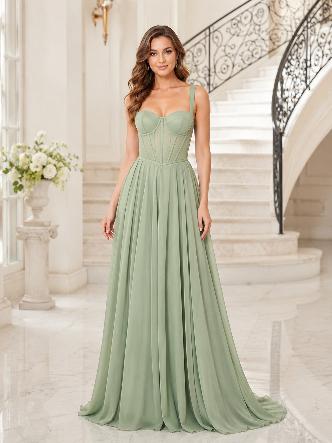 Sage Sweetheart Spaghetti Strap Chiffon A-Line Floor Length Prom Dress front view