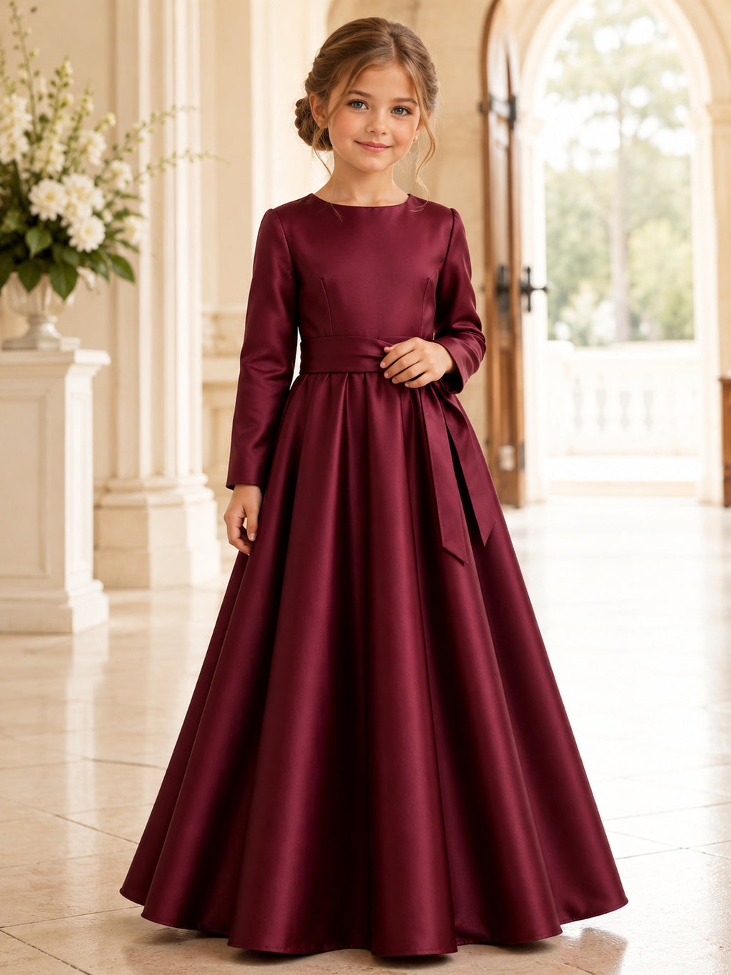 Burgundy Bow Back Satin A-Line Flower Girl Dress with Jewel Neck, Long Sleeve, and Floor-length Skirt front view