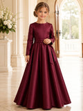 Burgundy Bow Back Satin A-Line Flower Girl Dress with Jewel Neck, Long Sleeve, and Floor-length Skirt front view