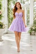 Lavender Spaghetti Strap Floral Applique Tulle A-Line Mini Homecoming Dress front view