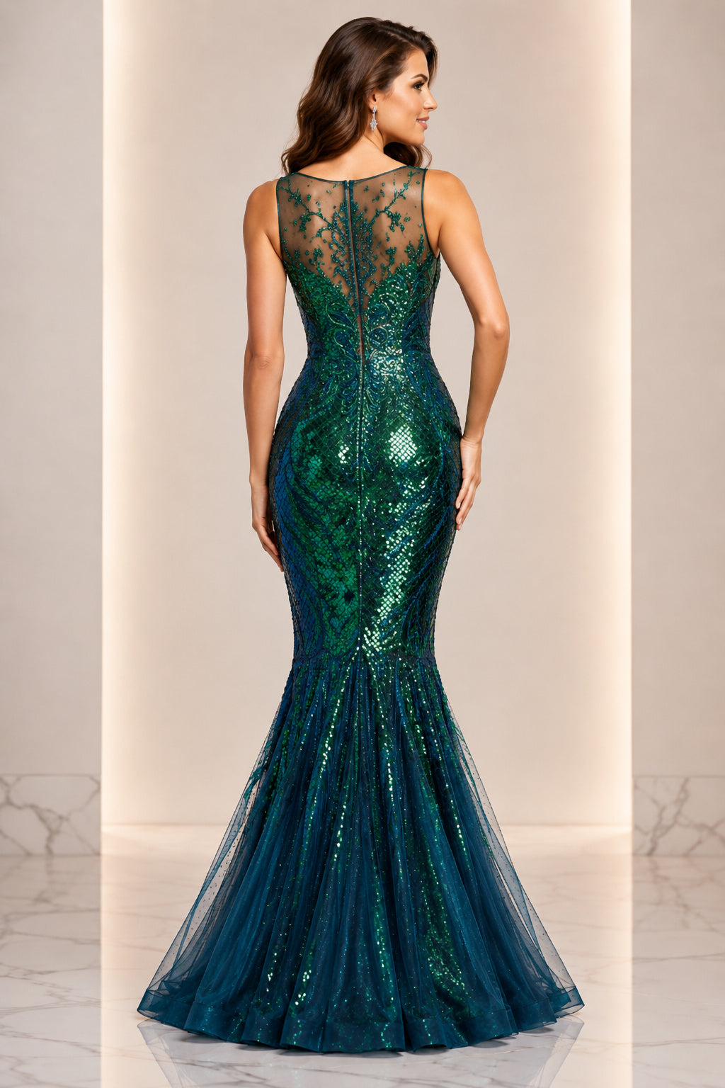 Dark Green Sleeveless Sequined Mermaid Formal Dress with Illusion Lace Bodice back view