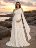 Maternity Beach Chiffon Wedding Dress Empire One Shoulder Sleeveless Floor Length Bridal Gown front view