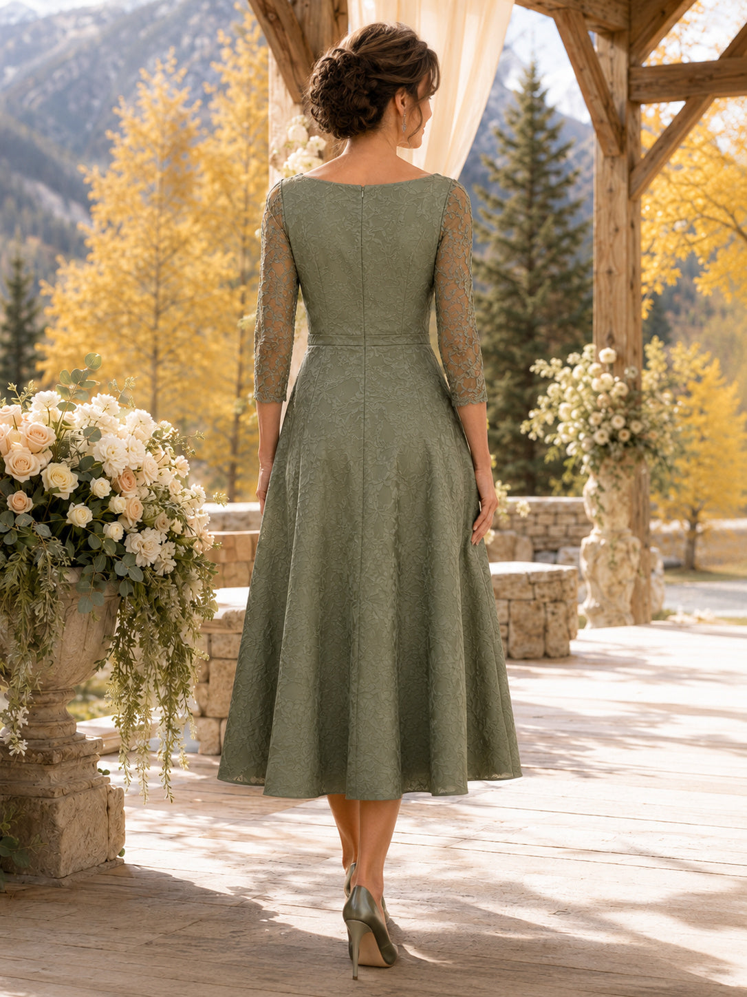 Sage Vintage Bateau Jacquard A-Line Tea-Length Mother of the Bride Dress with Three-Quarter Sleeves back view