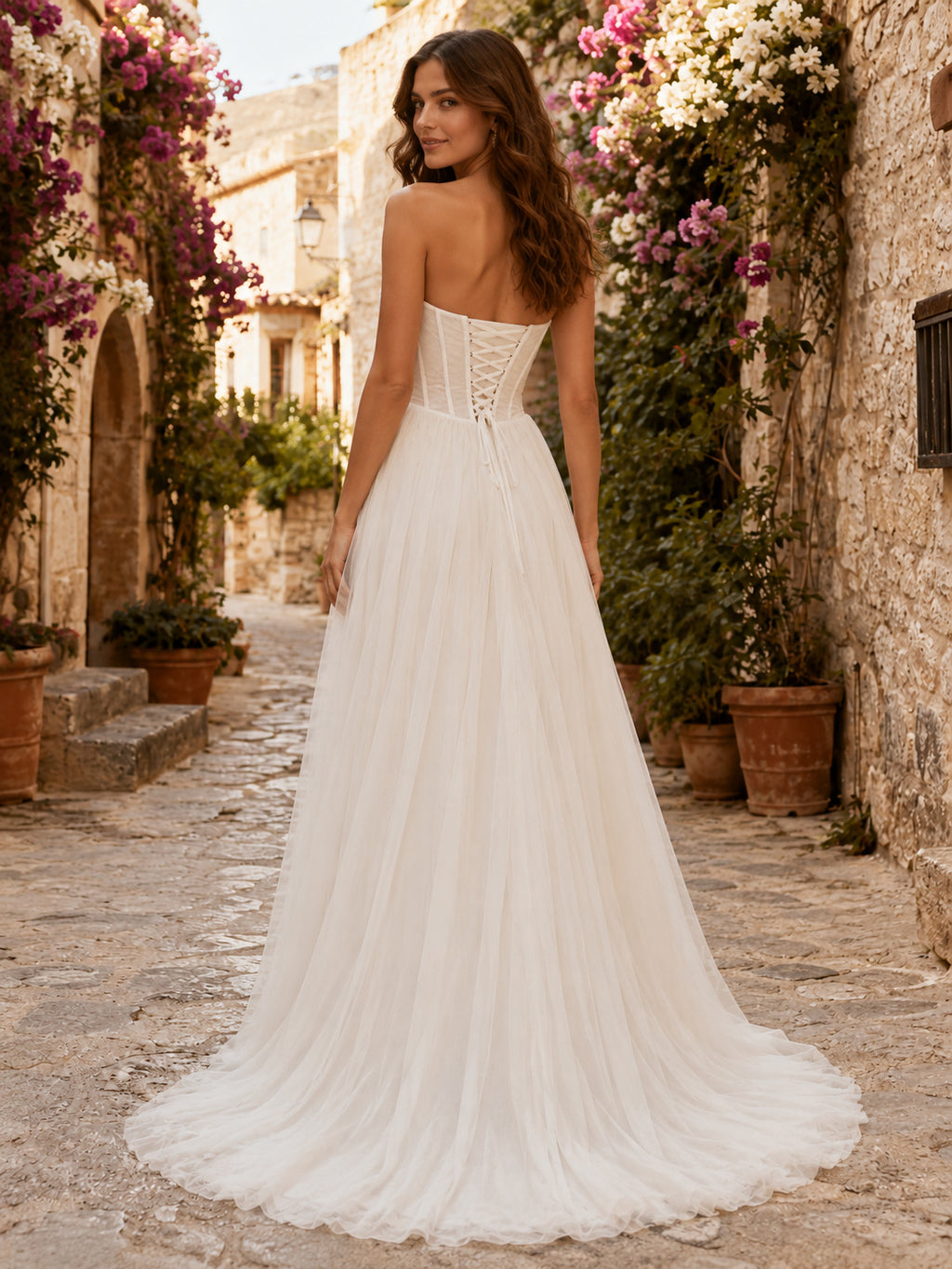 Romantic Strapless Corset Tulle Italian Village Elopement Dress back view