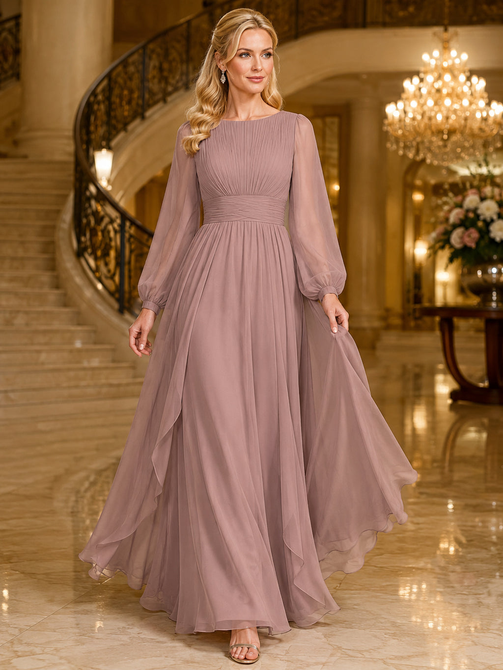 Dusty Rose Bateau Long Sleeve Chiffon A Line Formal Dress front view