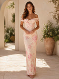 Blush floral off shoulder bodycon maxi guest dress front view