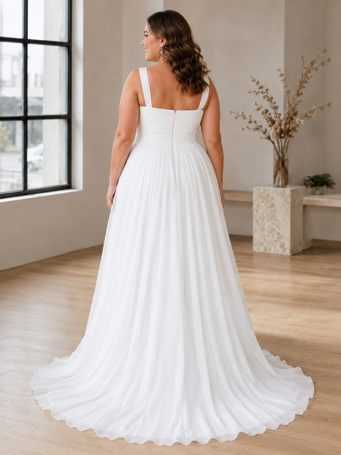 Plus Size Square Neck Wide Strap Chiffon A-Line Sweep Wedding Dress back view