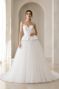White Strapless Peplum Tulle Ball Gown Wedding Dress front view