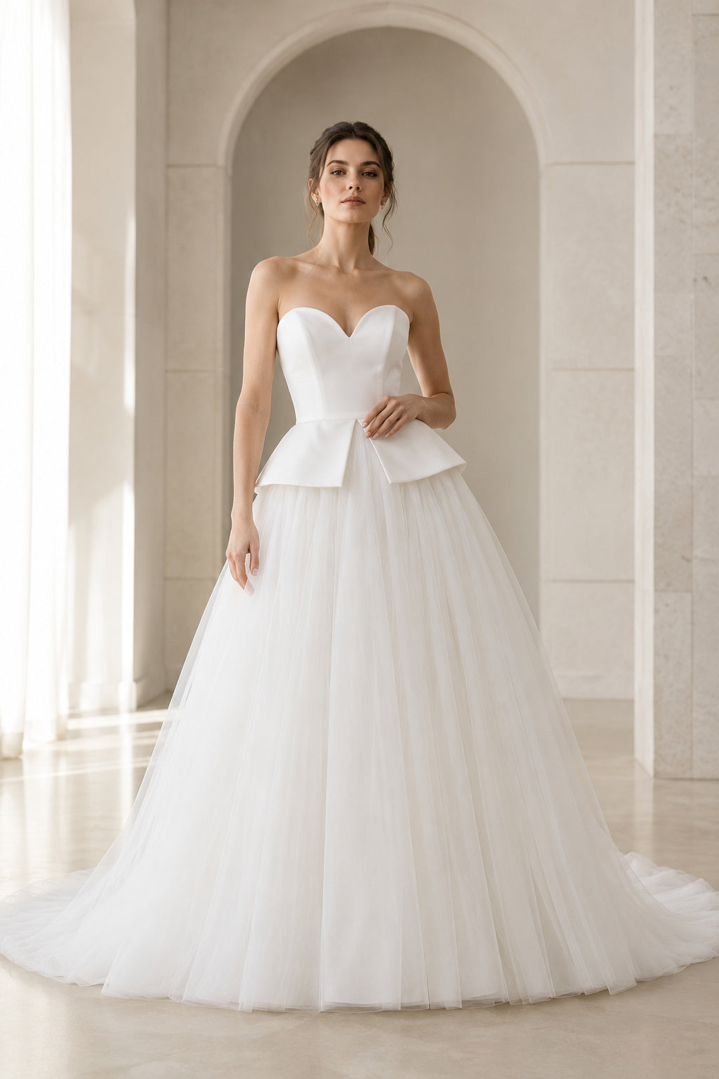 White Strapless Peplum Tulle Ball Gown Wedding Dress front view