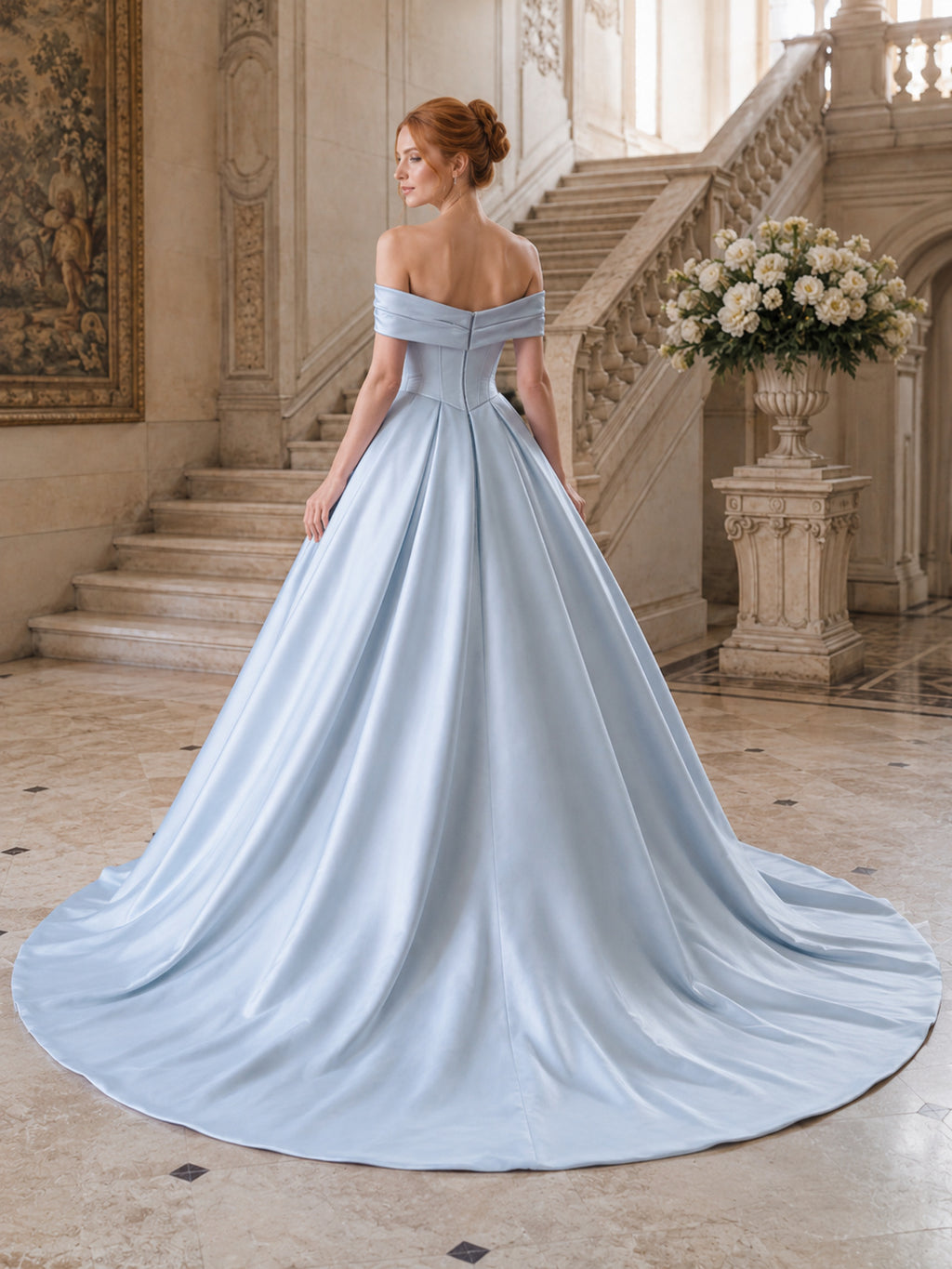 Ice Blue Satin Off Shoulder Corset Ball Gown Wedding Dress back view