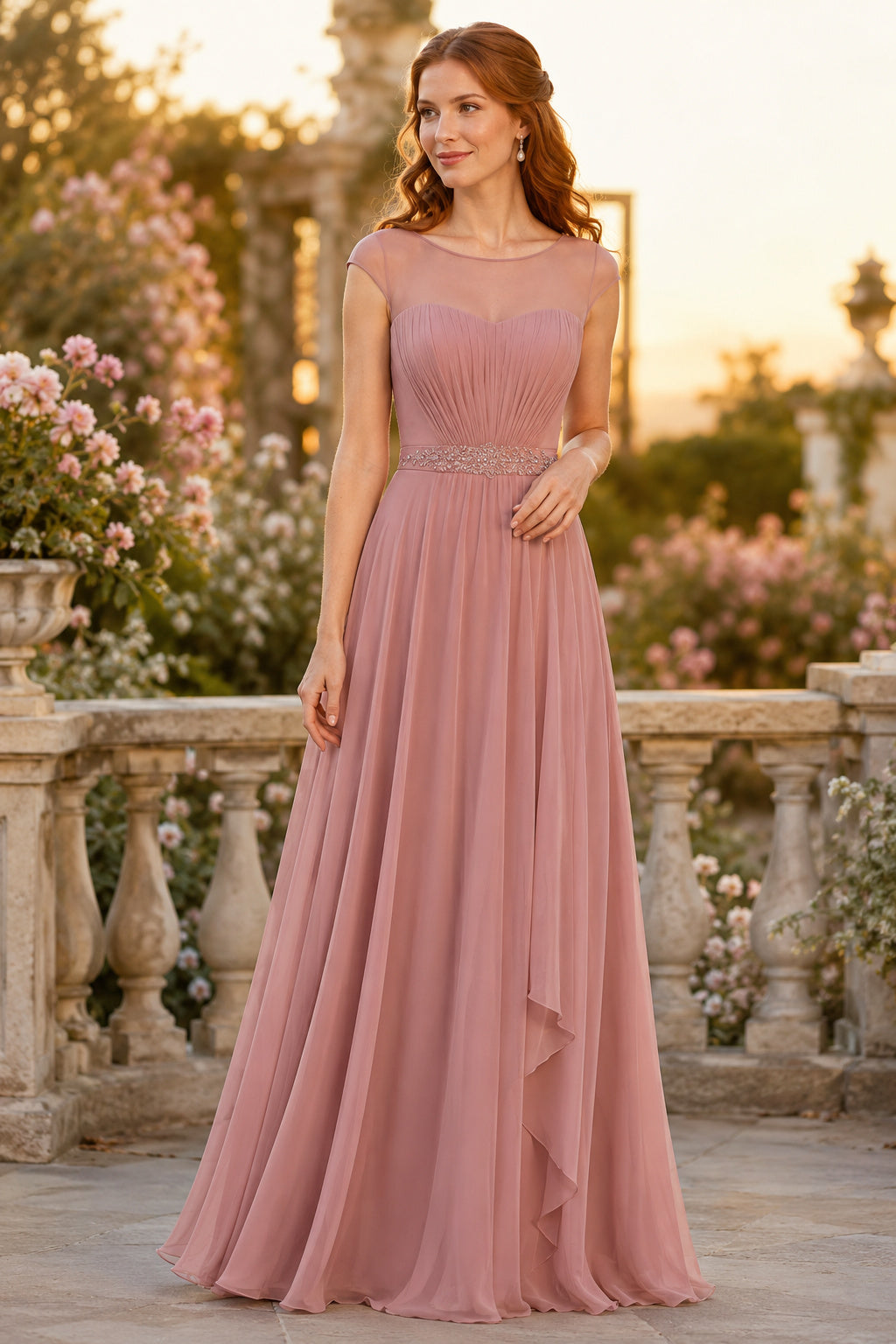 Plus Size Dusty Rose Chiffon A-Line Bridesmaid Dress with Jewel Neck and Pleated Skirt front view