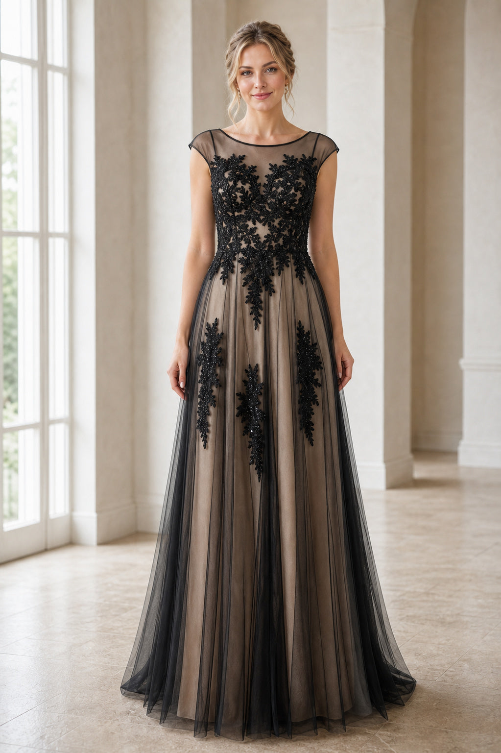 Black and Nude Bateau Cap Sleeves A-Line Tulle Floor-length Formal Dress With Floral Appliques