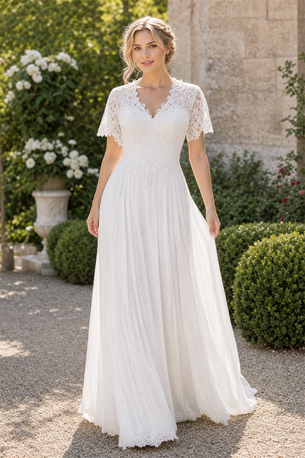 White Off-the-shoulder A-Line Crepe Floor-length Wedding Dress With Beaded Waist and Floral Appliques and Open Back
