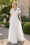 White Off-the-shoulder A-Line Crepe Floor-length Wedding Dress With Beaded Waist and Floral Appliques and Open Back