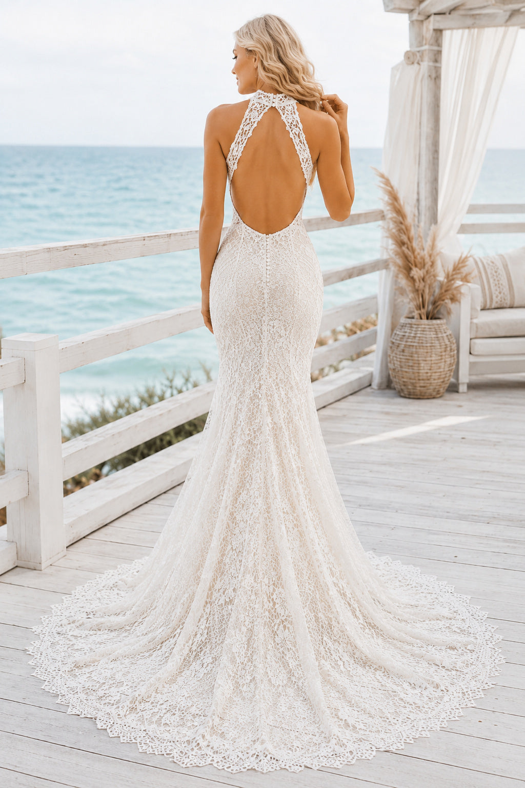 Ivory Halter High Neck Lace Mermaid Wedding Dress Keyhole Train for Bridal Ceremony and Reception back view