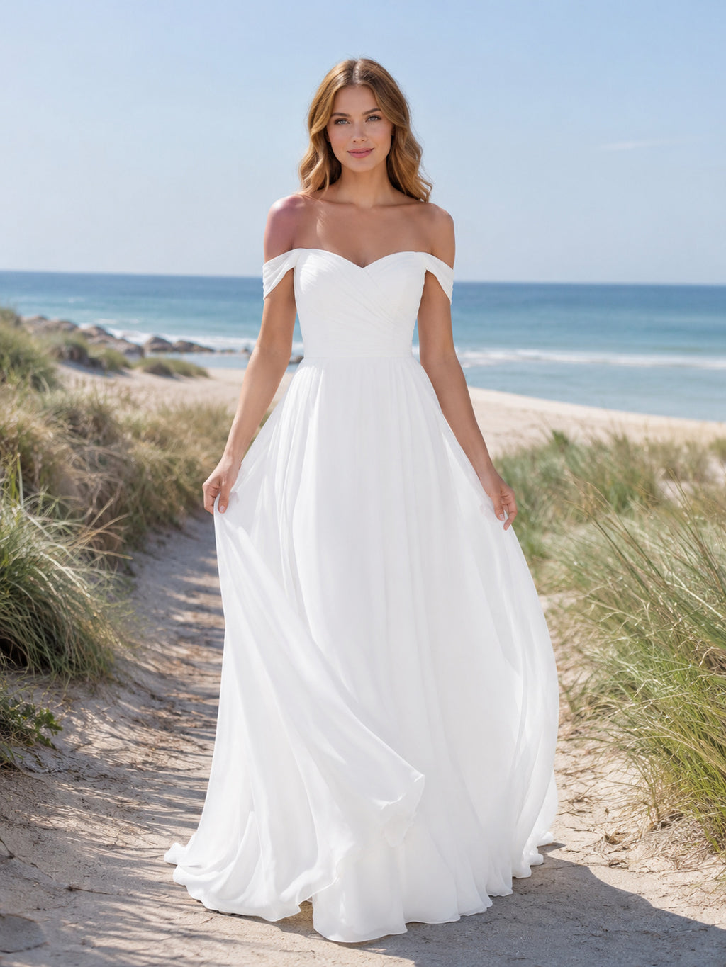 Simple Off Shoulder Sweetheart Beach A-Line Wedding Dress front view