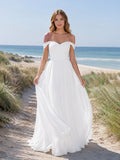 Simple Off Shoulder Sweetheart Beach A-Line Wedding Dress front view