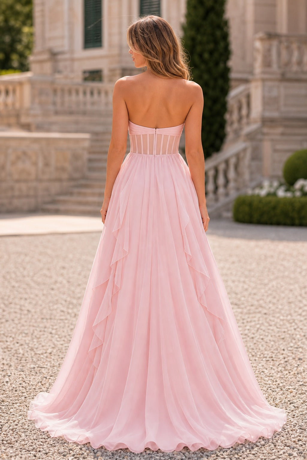 Blush Strapless Floor-Length Chiffon A-Line Dress