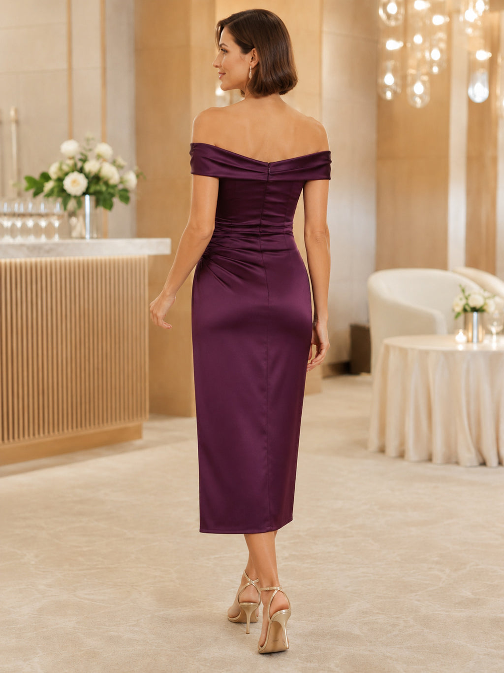 Plum Off Shoulder Draped Satin Slit Annual Dinner Midi Dress back view