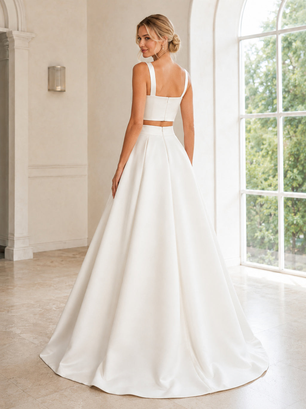 Simple Bridal Two Piece Square Neck Sleeveless Satin A-Line Sweep Wedding Outfit back view