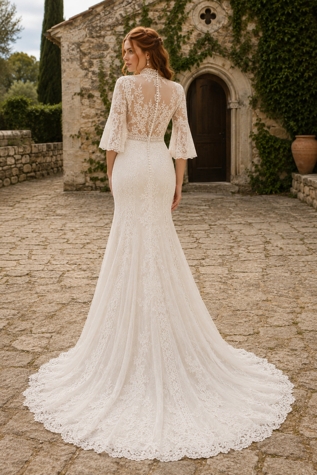 High Neck Half Sleeve Mermaid Wedding Dress with Allover Lace and Sweep Train for Beach Garden Ceremony back view