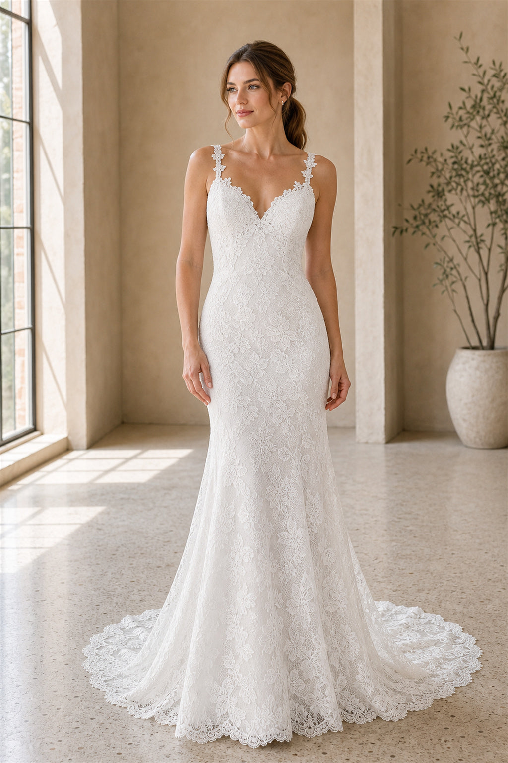 Champagne V-neck Mermaid Lace Floor-length Wedding Dress With Lace and Train and Open Back