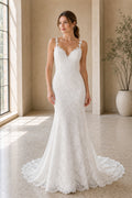 Champagne V-neck Mermaid Lace Floor-length Wedding Dress With Lace and Train and Open Back