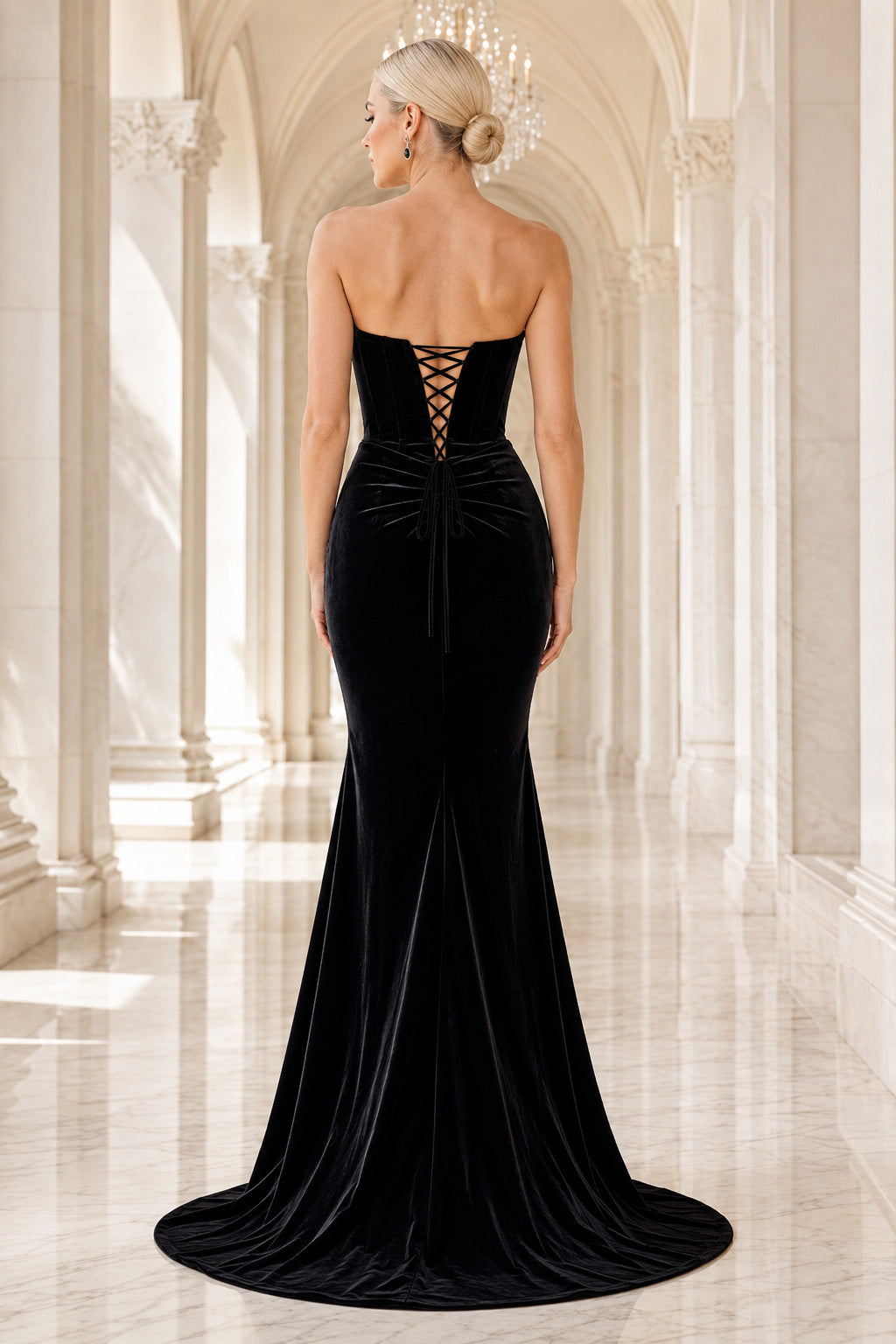 Black Strapless Velvet Mermaid Formal Dress back view