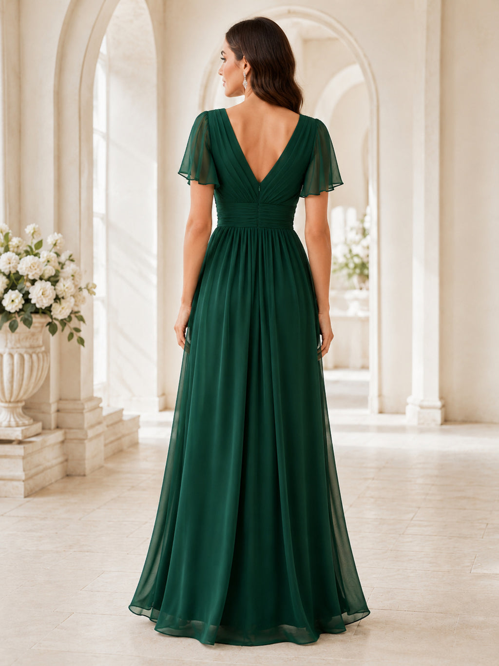 Dark Green V-neck Flutter Sleeve Chiffon Maxi Gown back view