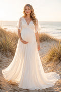 Ivory Cap Sleeve Lace Maternity Beach Wedding Dress with V-Neck front view