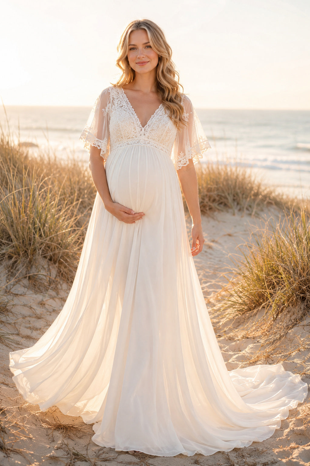 Ivory Cap Sleeve Lace Maternity Beach Wedding Dress with V-Neck front view
