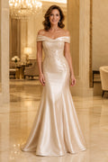 Off-the-Shoulder Satin Mermaid Formal Dress with Foldover Neckline front view