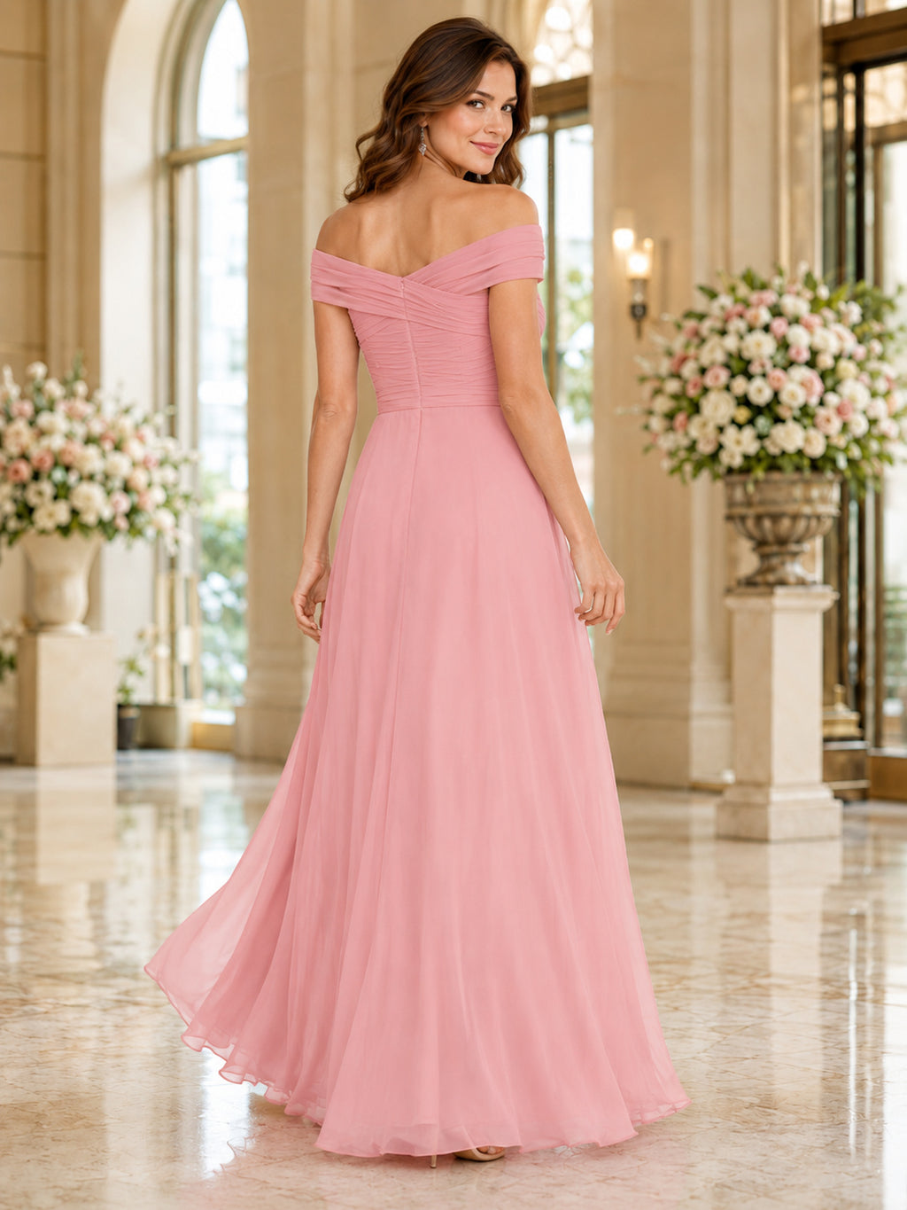 Pearl Pink Off Shoulder Ruched Chiffon Floor Length A Line Bridesmaid Dress back view