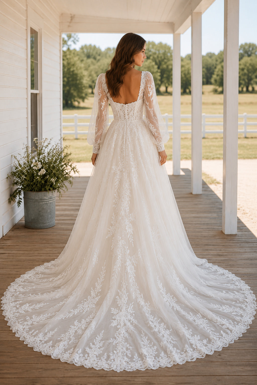 Square Neck Long Sleeve A-Line Wedding Dress with Lace Overlay and Chapel Train for Rustic Garden Ceremony back view