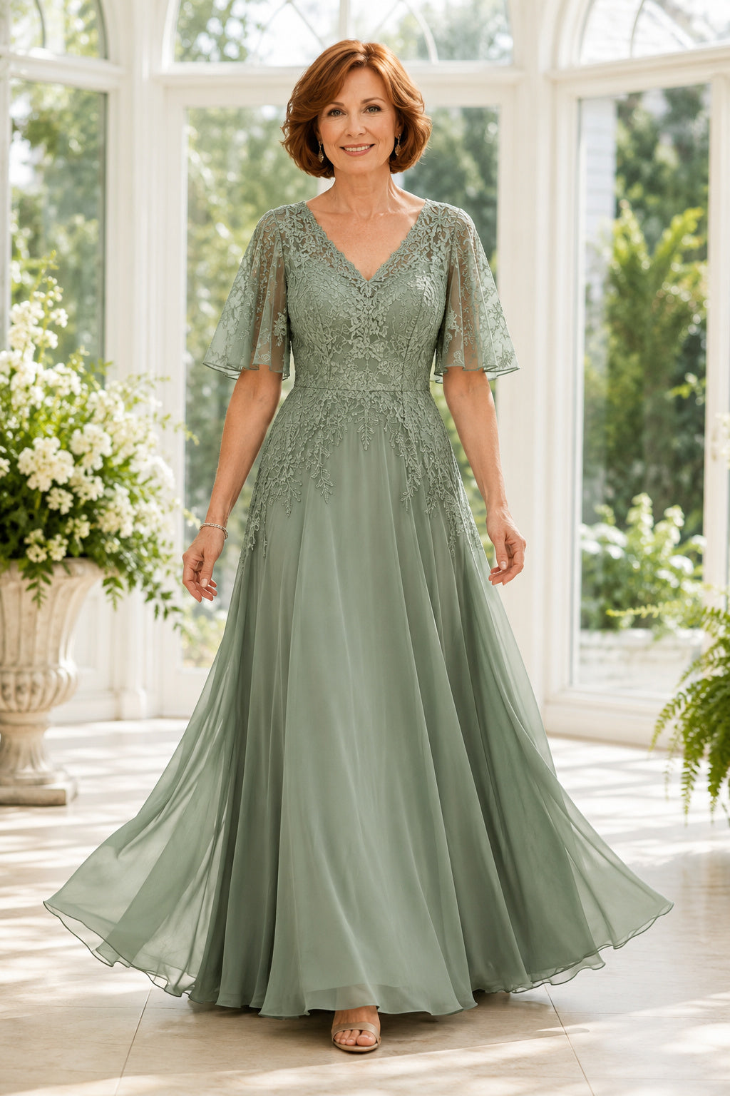 Sage V-Neck Lace Bodice A-Line Mother Dress with Flutter Sleeves front view