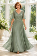 Sage V-Neck Lace Bodice A-Line Mother Dress with Flutter Sleeves front view