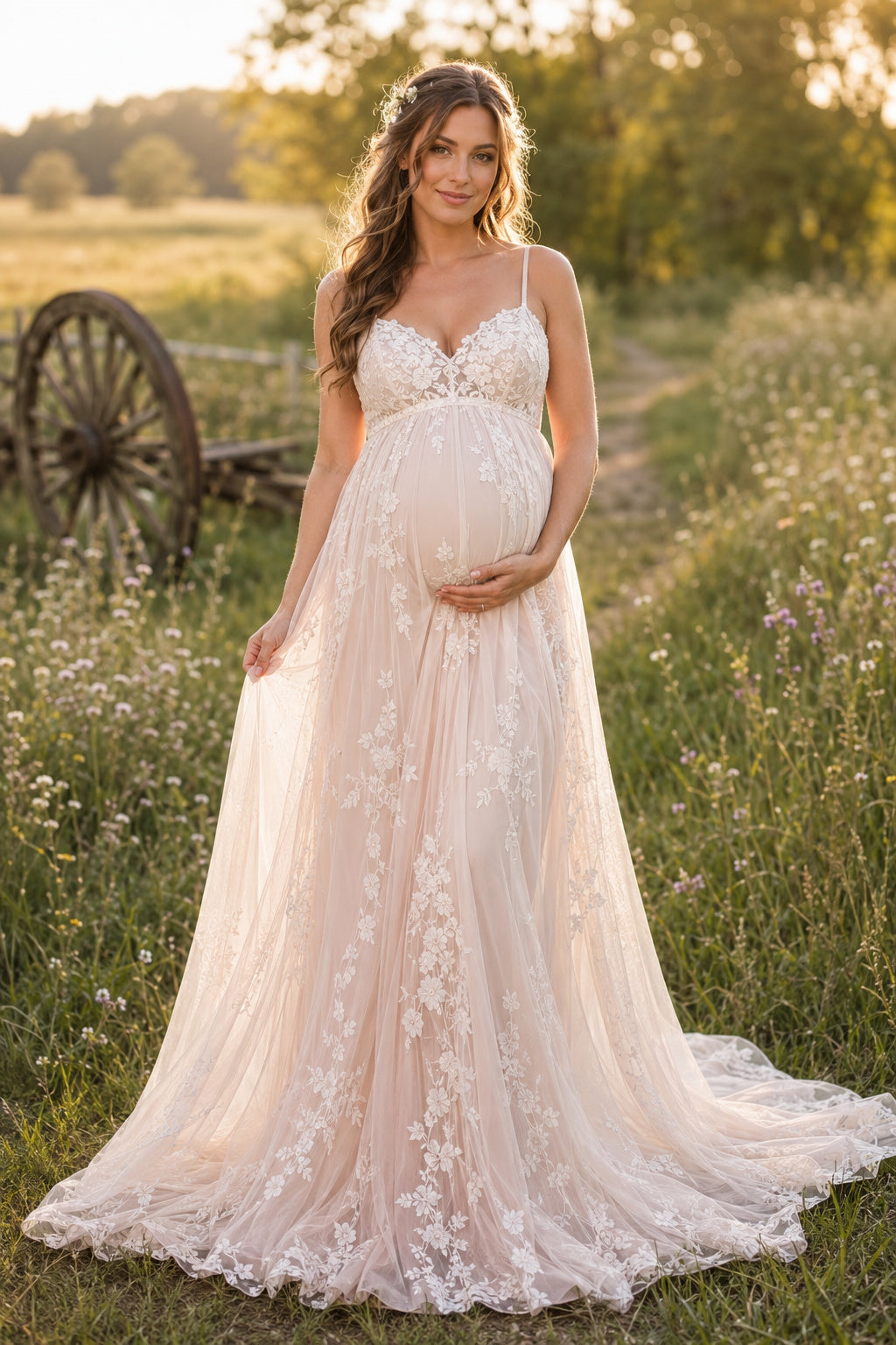 Ivory Maternity Sweetheart Spaghetti Strap Lace A-Line Wedding Dress with Soft Train front view