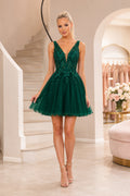 Dark Green V Neck Lace Tulle Short A Line Homecoming Dress With Low V Back Homecoming Dress front view