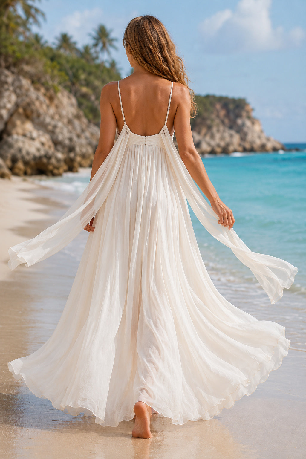 Ivory Spaghetti V-Neck Chiffon A-Line Beach Wedding Dress Split Front for Bridal Ceremony and Reception back view