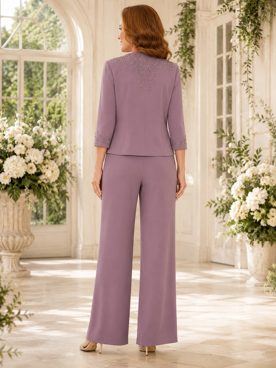 Mauve Mother Jumpsuit with V-Neck Cropped Jacket and Wide Leg Pants back view