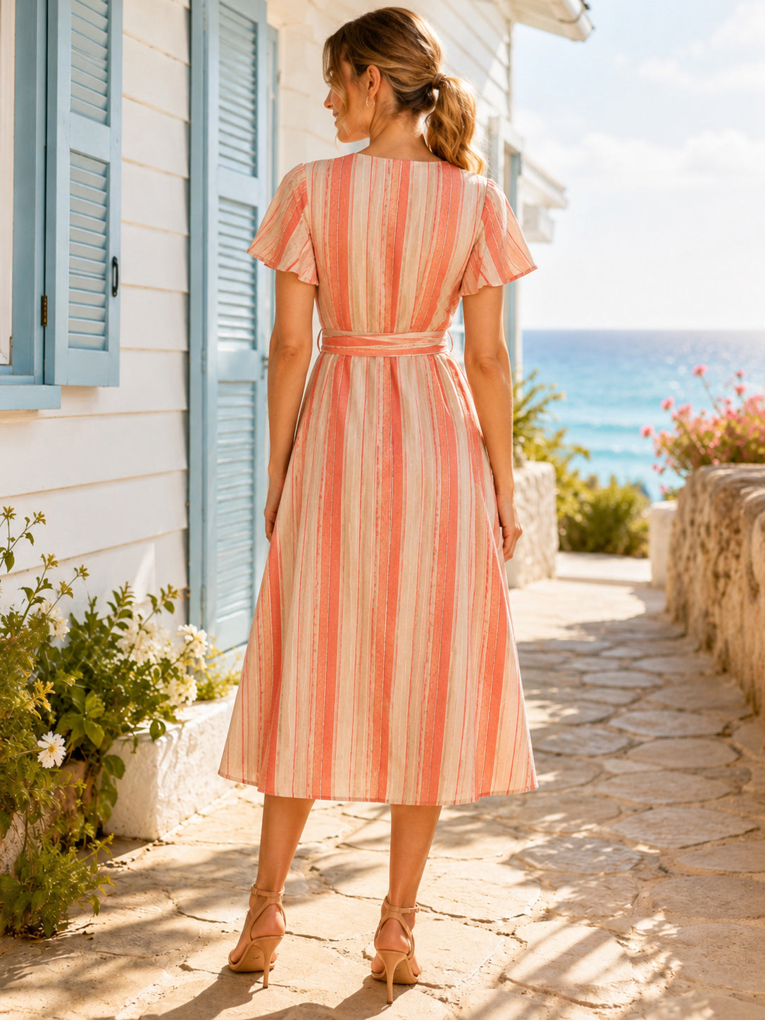 Coral Coastal Stripe V Neck Wrap Linen Midi Dress back view