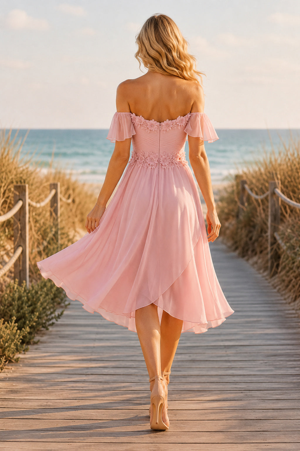 Blushing Pink Off Shoulder Ruffle Sleeve High Low Chiffon Skirt High Low A-Line Homecoming Dress back view
