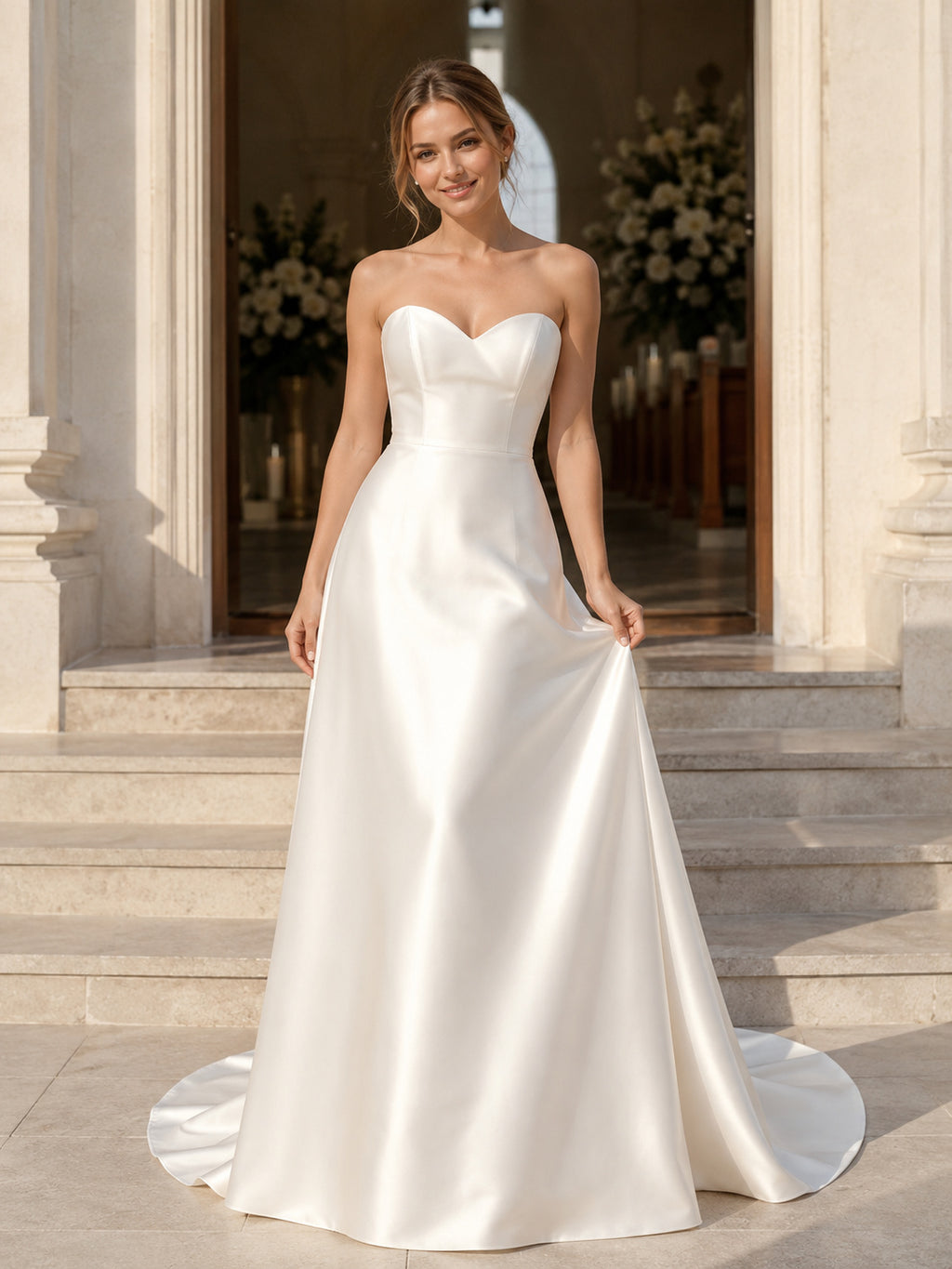 Petite Minimalist Satin Wedding Dress A-Line Strapless Sweetheart Court Train Low V Back Bridal Gown front view