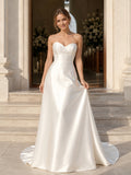 Petite Minimalist Satin Wedding Dress A-Line Strapless Sweetheart Court Train Low V Back Bridal Gown front view