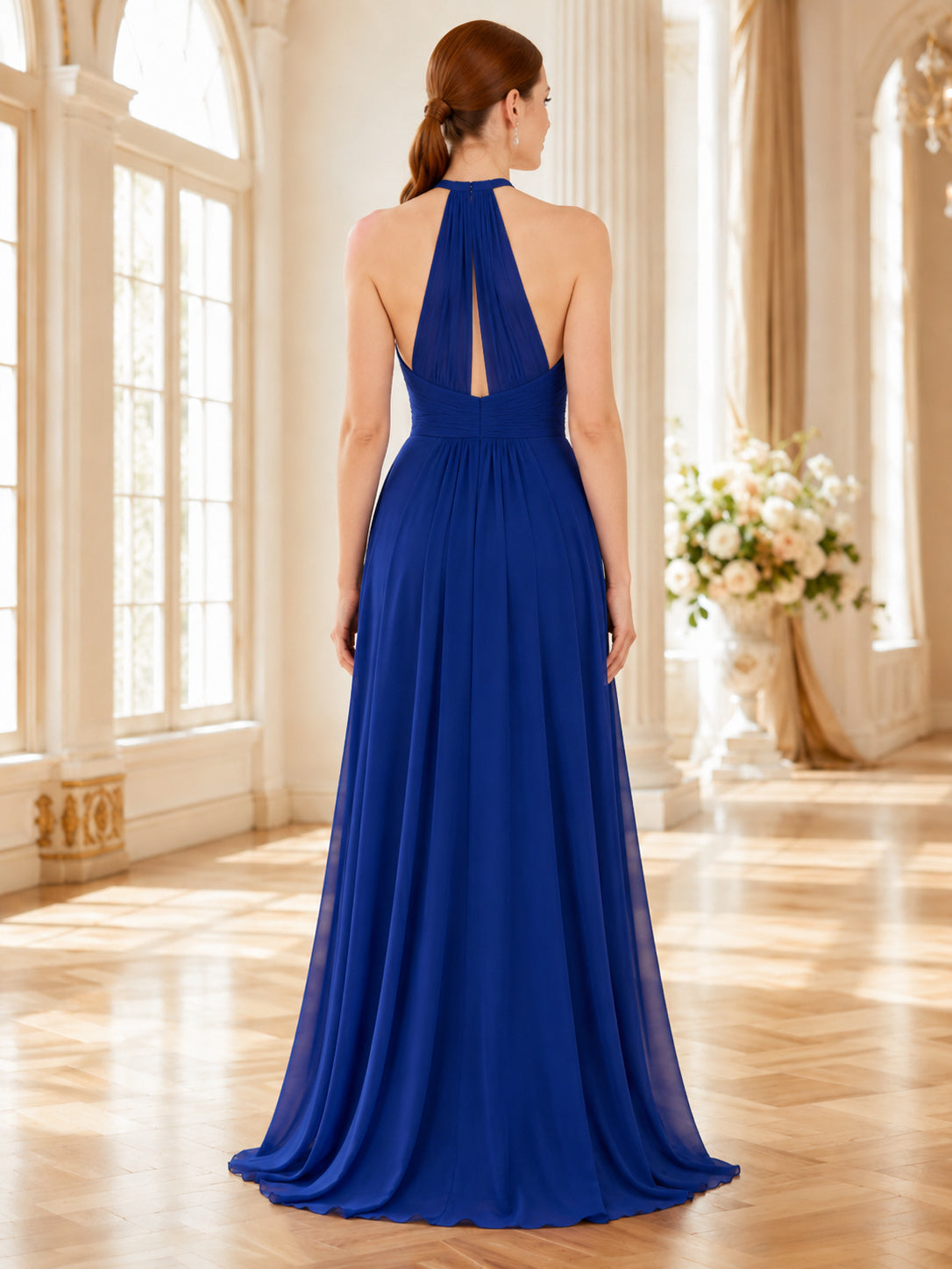 Royal Blue Halter Keyhole Chiffon Flowing Gala Gown back view