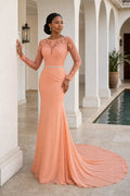 Coral Long Sleeve Sheath Lace Floor-Length Dress With Sweep Train