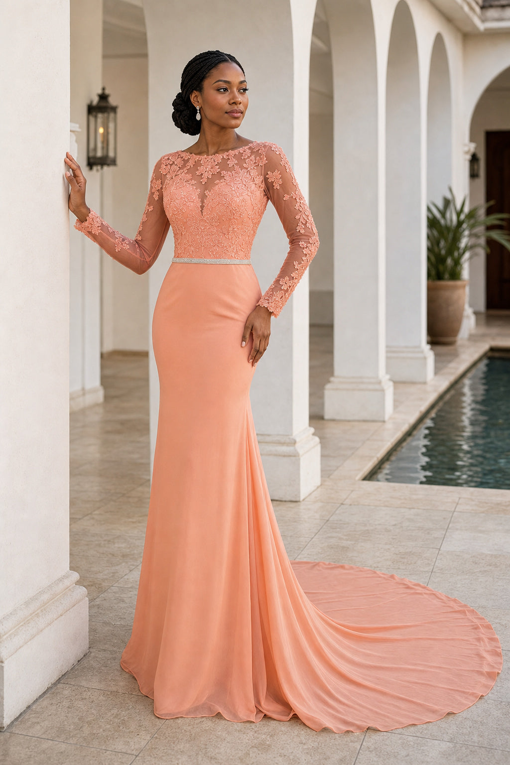 Coral Long Sleeve Sheath Lace Floor-Length Dress With Sweep Train