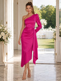 Fuchsia One Shoulder Long Sleeve Draped Midi Guest Dress front view