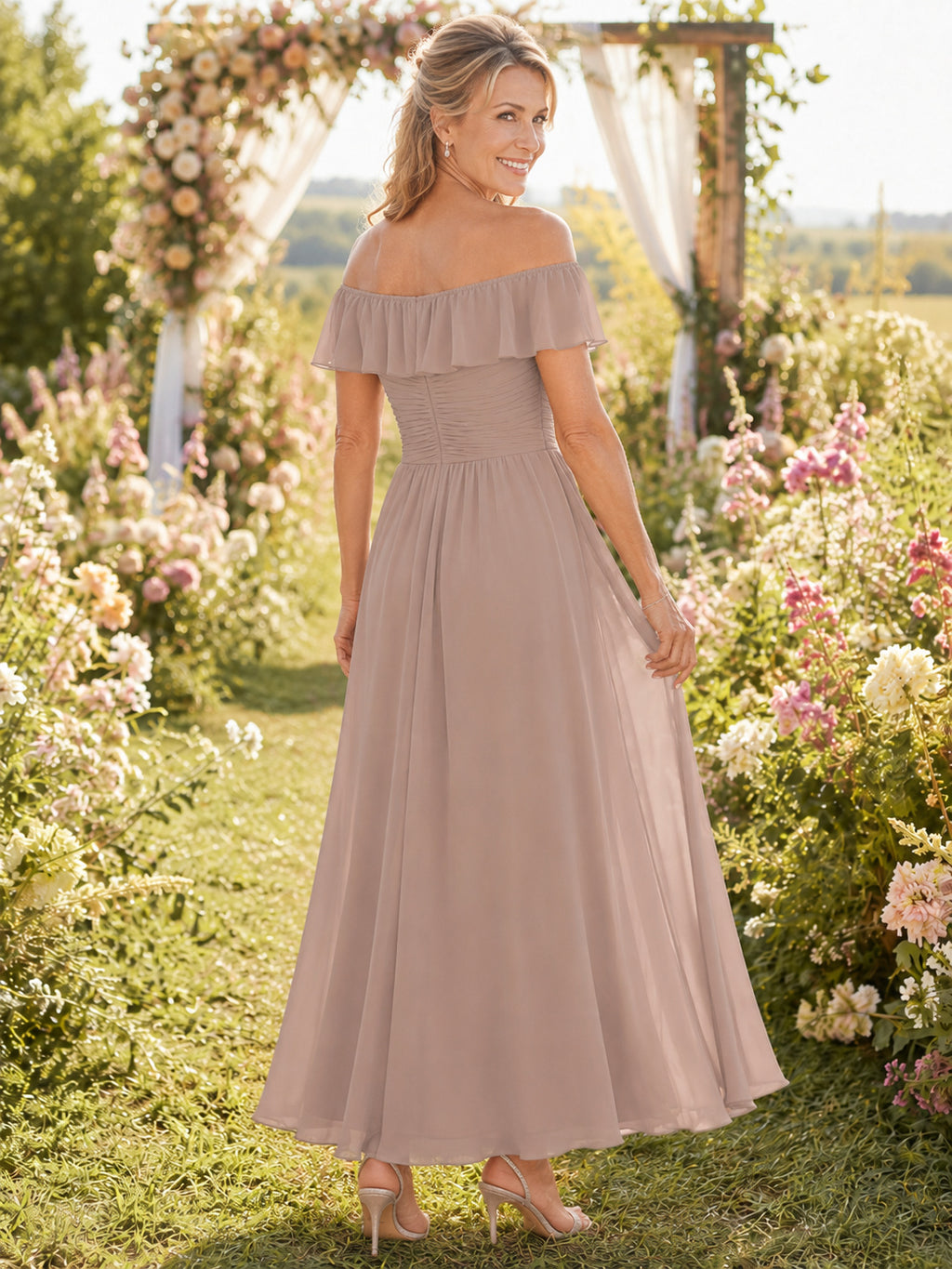 Taupe Ankle-Length A-Line Elegant Mother of the Bride Chiffon Dress with Off-Shoulder Ruffle Neck and Draped Skirt back view