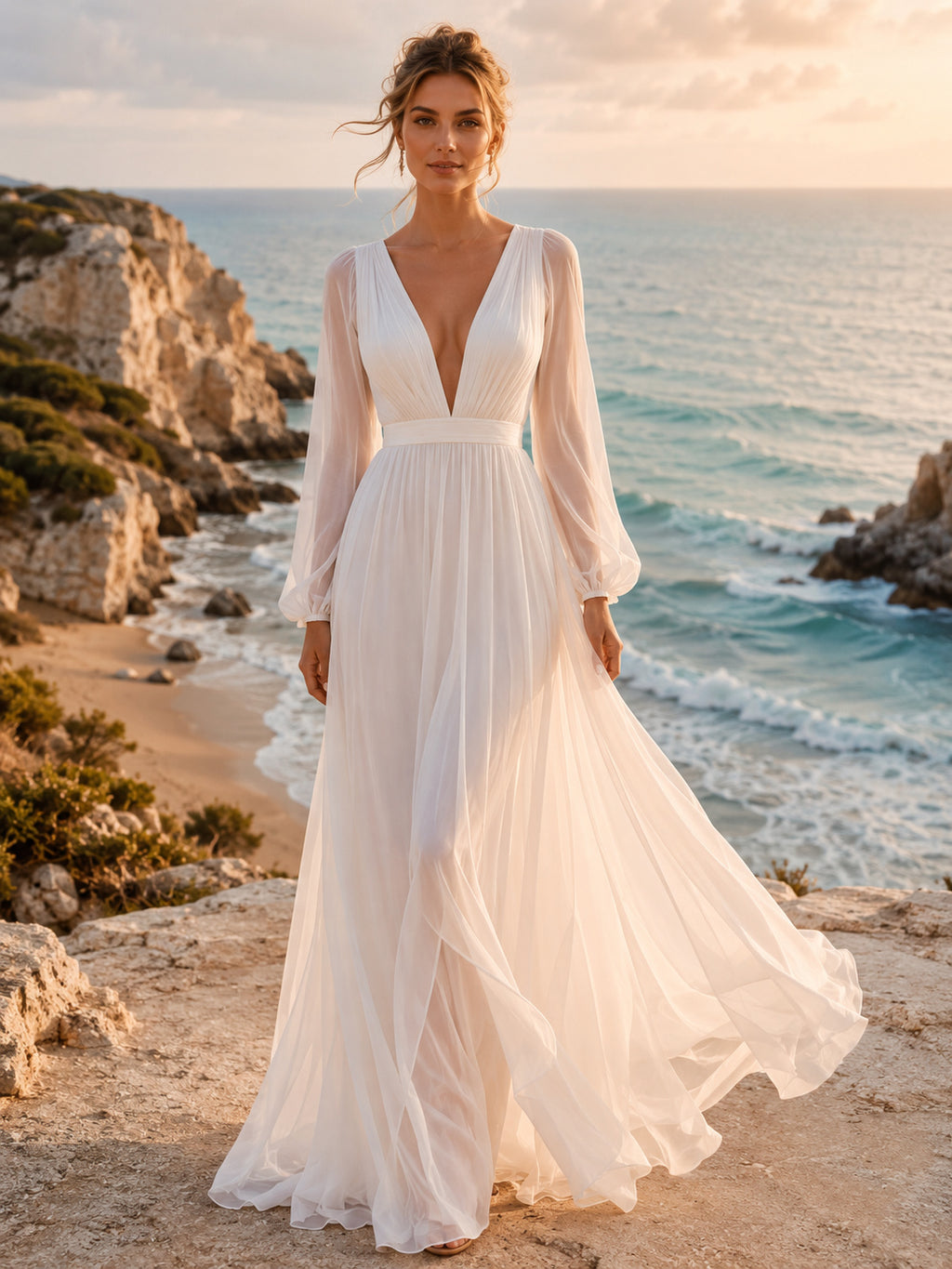 Beach V-Neck Poet Sleeve Chiffon A-Line Wedding Dress front view